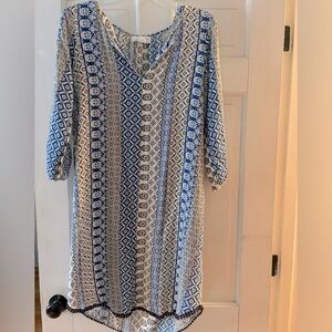 Velvet lightweight long sleeve shirt dress-medium, blue/black/white pattern